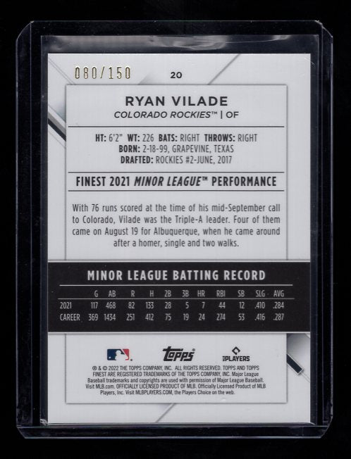 2022 Finest Blue Refractors #20 Ryan Vilade Rookie (Colorado Rockies)