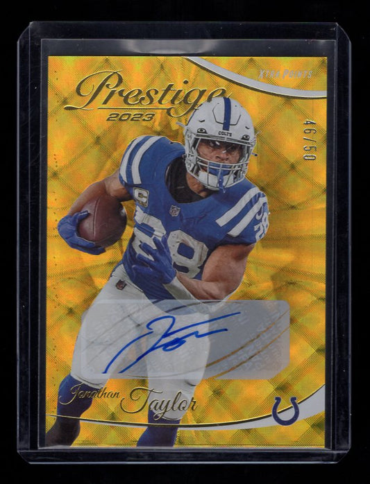 2023 Prestige #127 Jonathan Taylor Autograph Xtra Points Blue #'d /50 Gold (Indianapolis Colts)