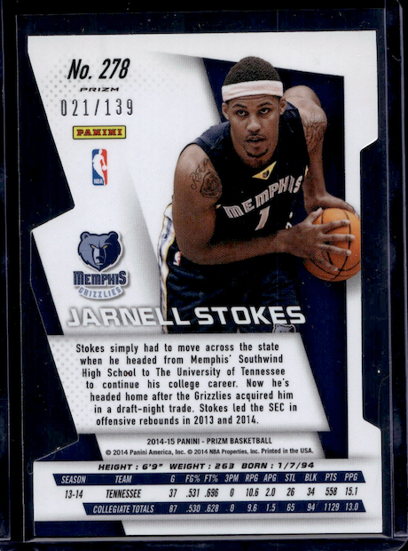 2014-15 Panini Prizm Prizms Purple Die Cut #278 Jarnell Stokes #'d 021/139 (Memphis Grizzlies)