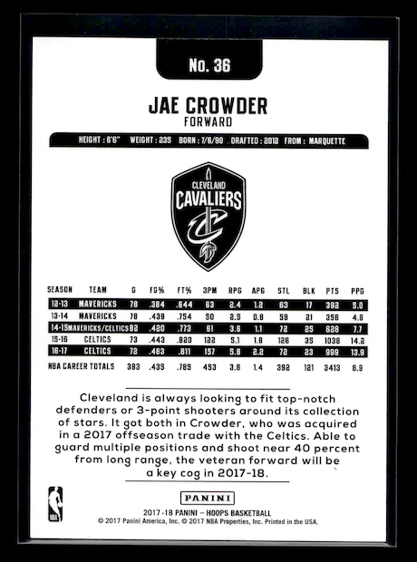 2017-18 Hoops Green #36 Jae Crowder (Cleveland Cavaliers/Boston Celtics)