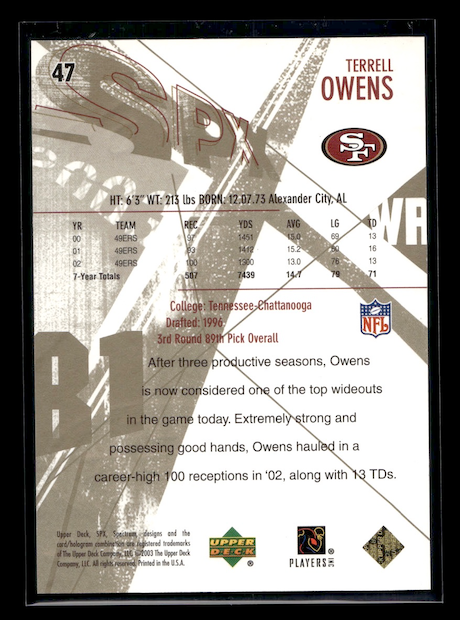 2003 SPx Spectrum #47 Terrell Owens #'d 49/50 (San Francisco 49ers)