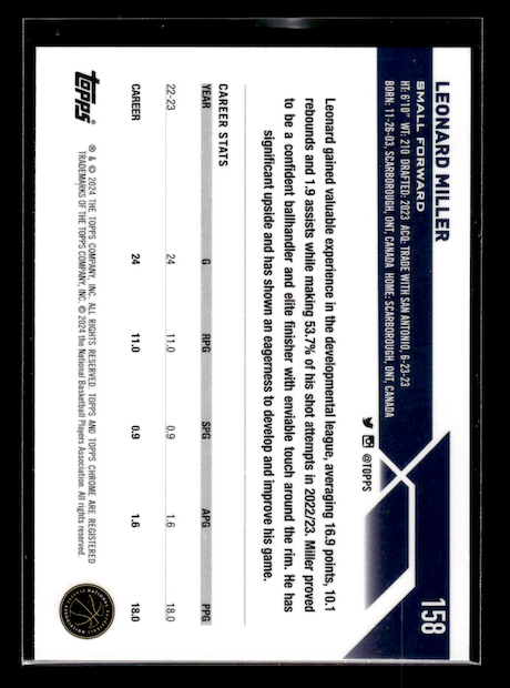 2023-24 Topps Chrome #158 Leonard Miller Rookie (Minnesota Timberwolves)
