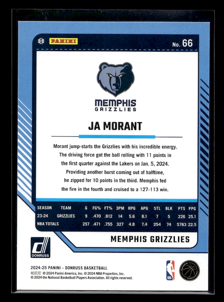 2024-25 Donruss Holo Green Laser #66 Ja Morant (Memphis Grizzlies)