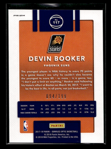 2017-18 Donruss Optic Orange #117 Devin Booker #'d 094/199 (Phoenix Suns)