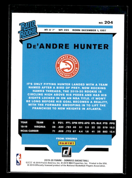 2019-20 Donruss #204 De'Andre Hunter Rate Rookie (Atlanta Hawks)