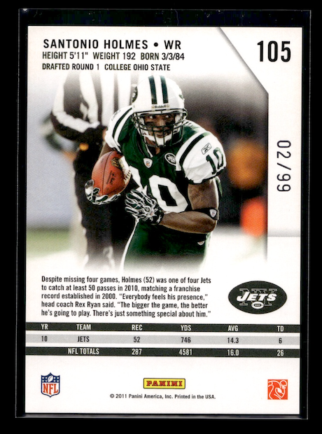 2011 Rookies and Stars Longevity Parallel Silver Holofoil #105 Santonio Holmes #'d /99