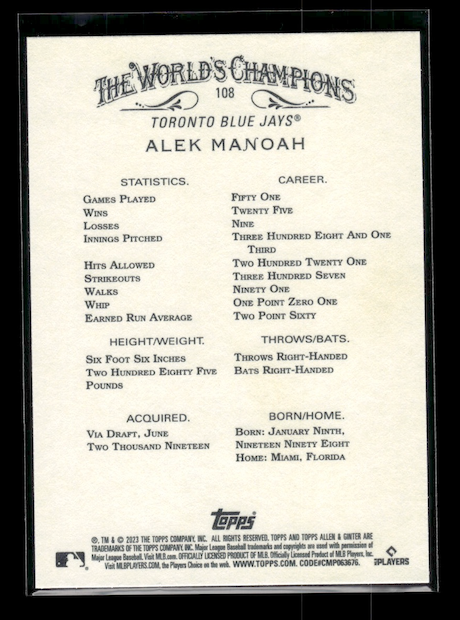 2023 Topps Allen and Ginter #108 Alek Manoah (Toronto Blue Jays)