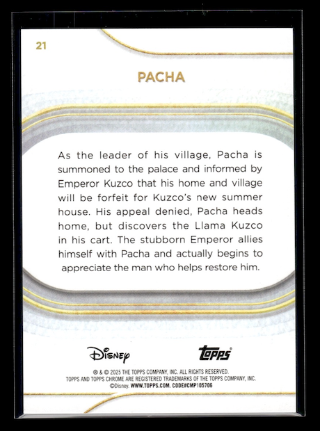 2025 Topps Chrome Disney Aqua Refractors #21 Pacha #'d 099/199 (Disneys: Emperors New Groove)