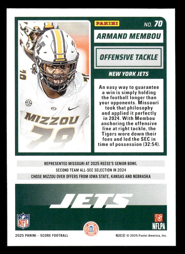 2025 Score Rookies #70 Armand Membou (New York Jets)