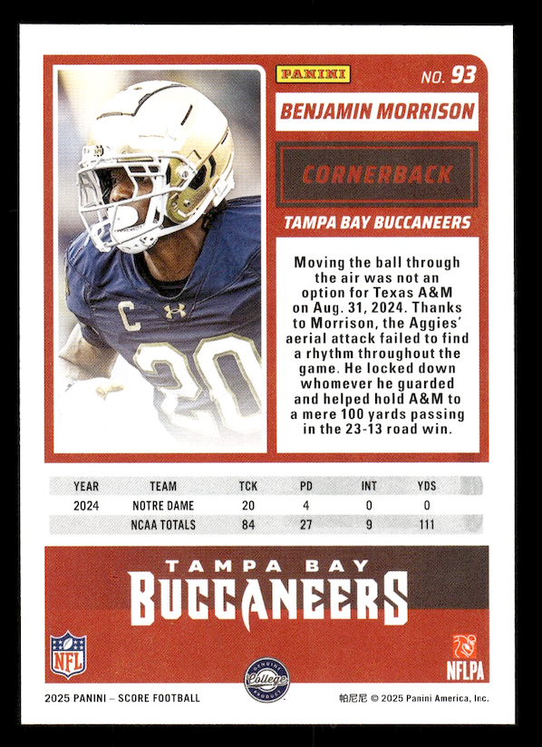 2025 Score Rookies #93 Benjamin Morrison (Tampa Bay Buccaneers)