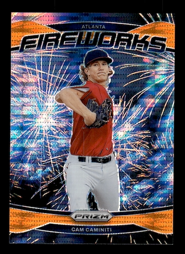 2025 Panini Prizm Fireworks Prizms Orange Pulsar #24 Cam Caminiti #'d 159/399 (Atlanta Braves)