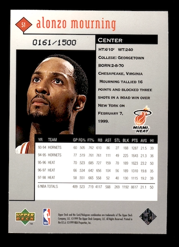 1998-99 Black Diamond Triple Diamond #51 Alonzo Mourning #'d /1500 (Miami Heat)