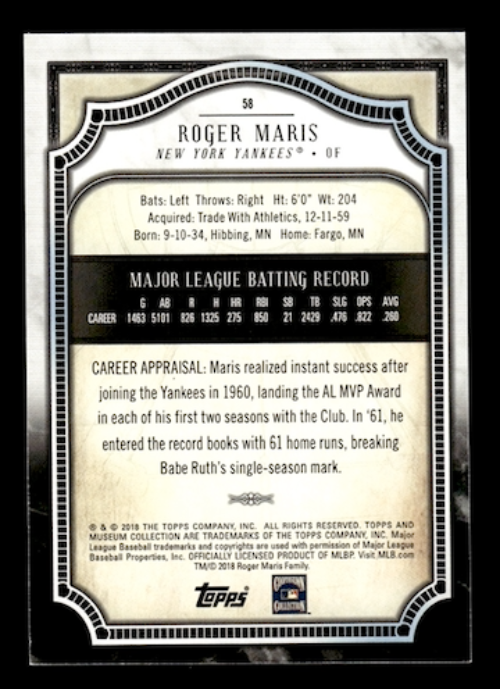 2018 Topps Museum Collection #58 Roger Maris (New York Yankees)