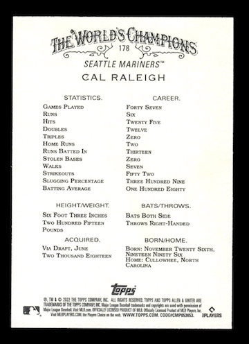 2022 Topps Allen and Ginter #178 Cal Raleigh Rookie (Seattle Mariners)