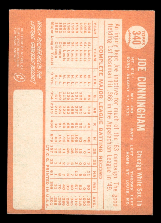 1964 Topps #340 Joe Cunningham (Chicago White Sox) NM