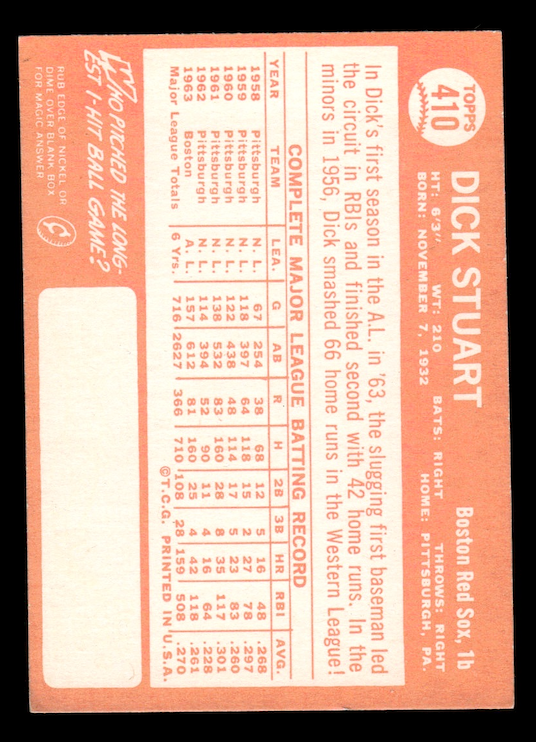 1964 Topps #410 Dick Stuart (Boston Red Sox) EX-MT+