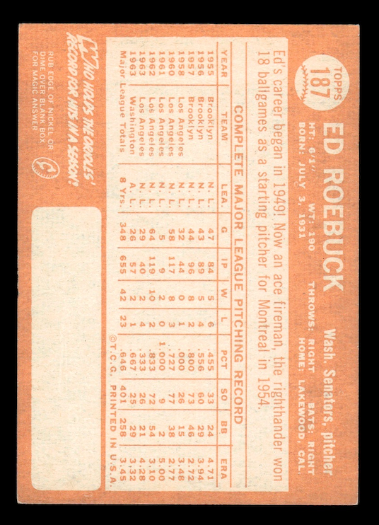 1964 Topps #187 Ed Roebuck (Washington Senators) NM
