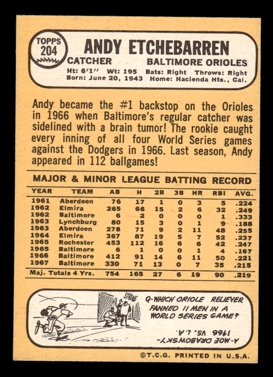 1968 Topps #204 Andy Etchebarren (Baltimore Orioles) NM