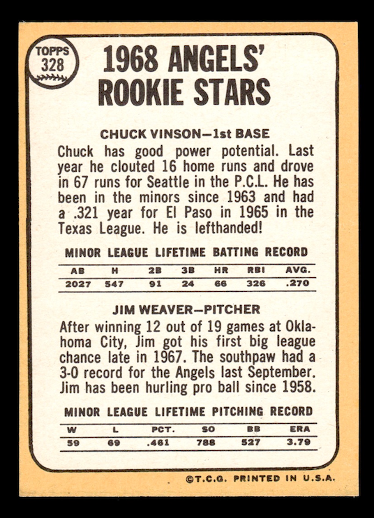 1968 Topps #328 Rookie Stars - Chuck Vinson RC/Jim Weaver (Angels)