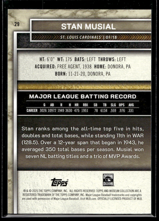 2025 Topps Museum Collection Sapphire #29 Stan Musial #'d /150 (Cardinals)