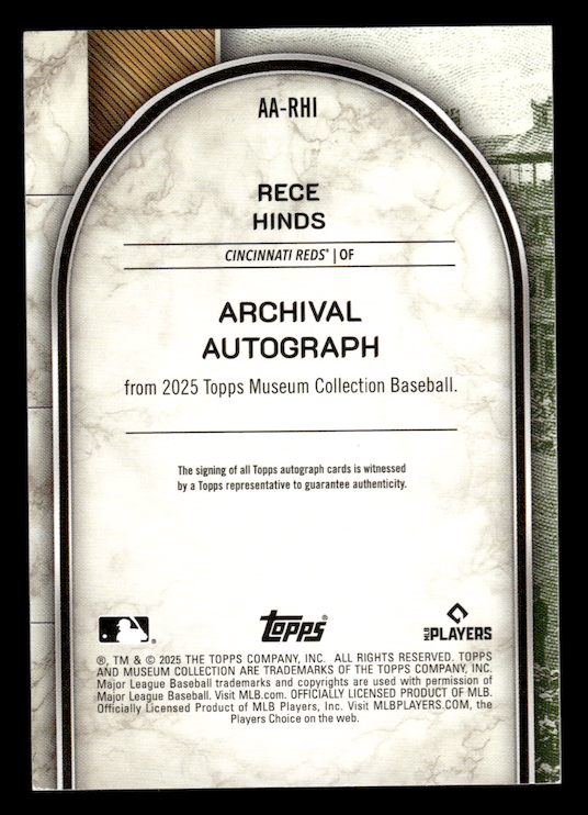 2025 Topps Museum Collection Archival Auto #AARHI Rece Hinds /149 (Reds)