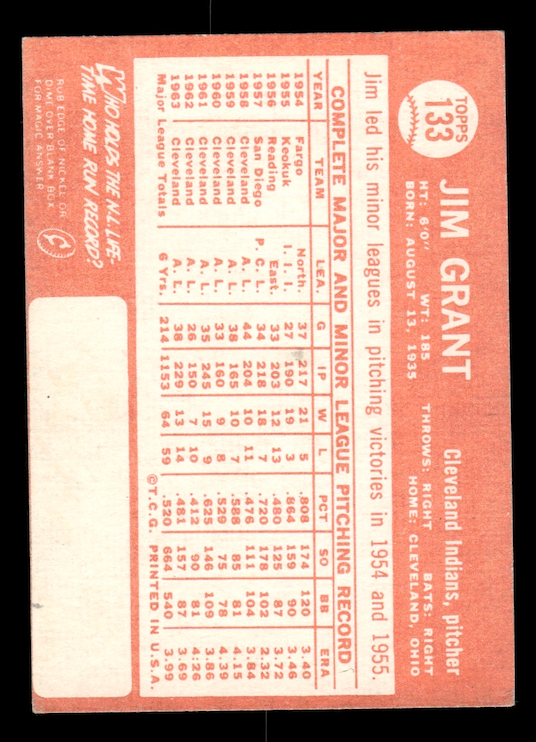 1964 Topps #133 Jim GrantTeam: Cleveland Indians) EX-MT+
