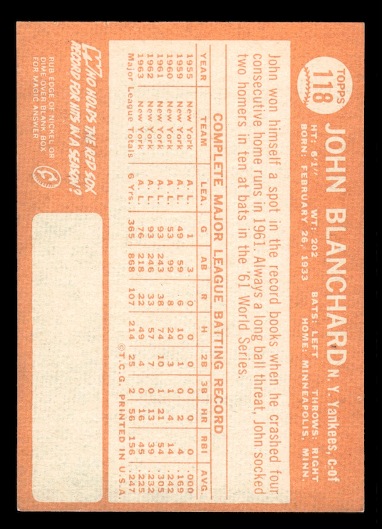 1964 Topps #118 John Blanchard (New York Yankees) EX-MT
