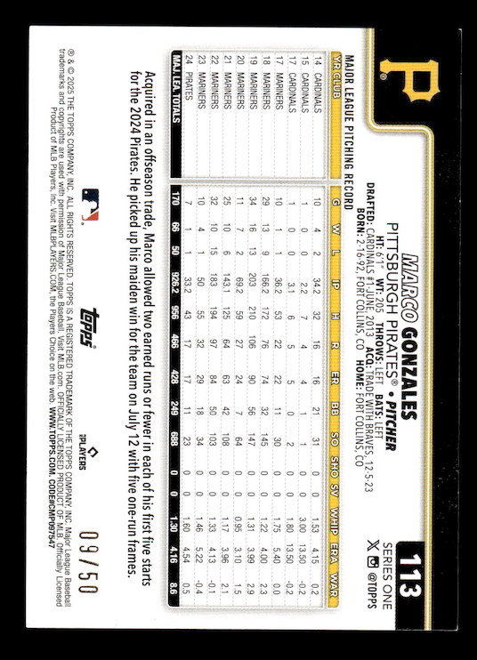 2025 Topps Canvas #113 Marco Gonzales #'d /50 Pittsburgh Pirates)