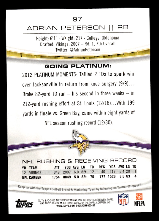 2013 Topps Platinum #97 Adrian Peterson (Minnesota Vikings)