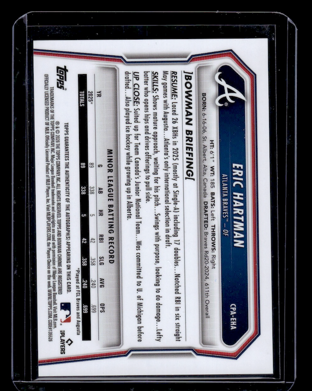 2026 Bowman Chrome Prospect Autographs #CPAEHA Eric Hartman (Braves) NM+
