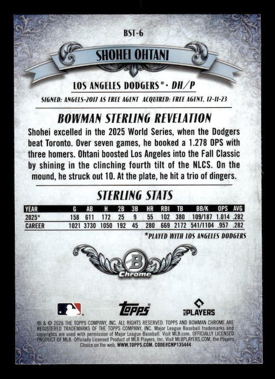 2026 Bowman Chrome Bowman Sterling #BST6 Shohei Ohtani (Los Angeles Dodgers)