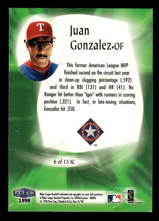 1998 Fleer Tradition In The Clutch #IC6 Juan Gonzalez (Texas Rangers)