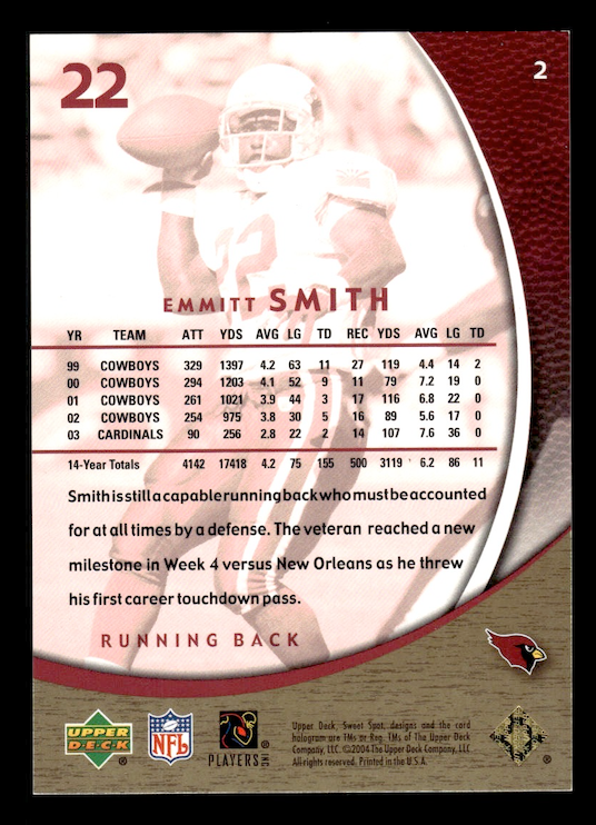 2004 Sweet Spot Gold #2 Emmitt Smith #'d 21/50 (Arizona Cardinals)