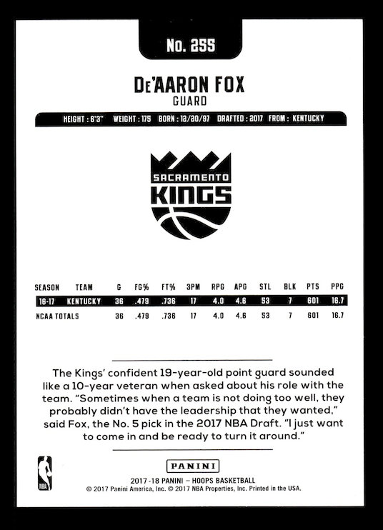 2017-18 Hoops #255 De'Aaron Fox RC (Sacramento Kings) NM