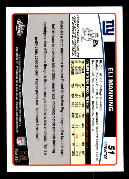 2006 Topps Chrome Refractors #51 Eli Manning (New York Giants) NM