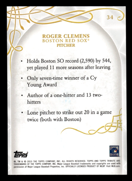 2015 Topps Tribute #34 Roger Clemens (Boston Red Sox) NM+