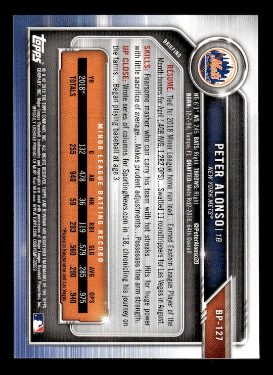 2019 Bowman Prospects #BP127 Peter Alonso (New York Mets)