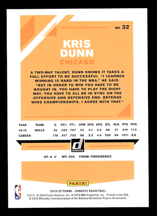 2019-20 Donruss Press Proof Silver #32 Kris Dunn #'d /349 (Chicago Bulls)