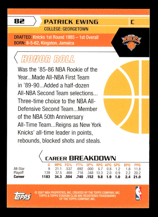 2007-08 Stadium Club #82 Patrick Ewing (New York Knicks)