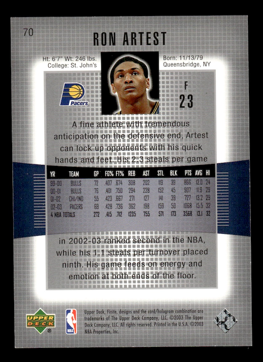 2003-04 Upper Deck Finite #70 Ser. #'d /1999 Ron Artest (Pacers)