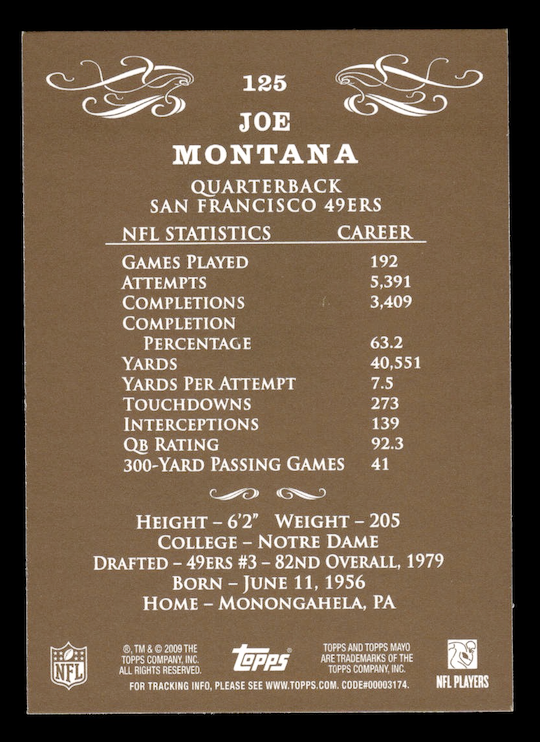 2009 Topps Mayo #125 Joe Montana (San Francisco 49ers)