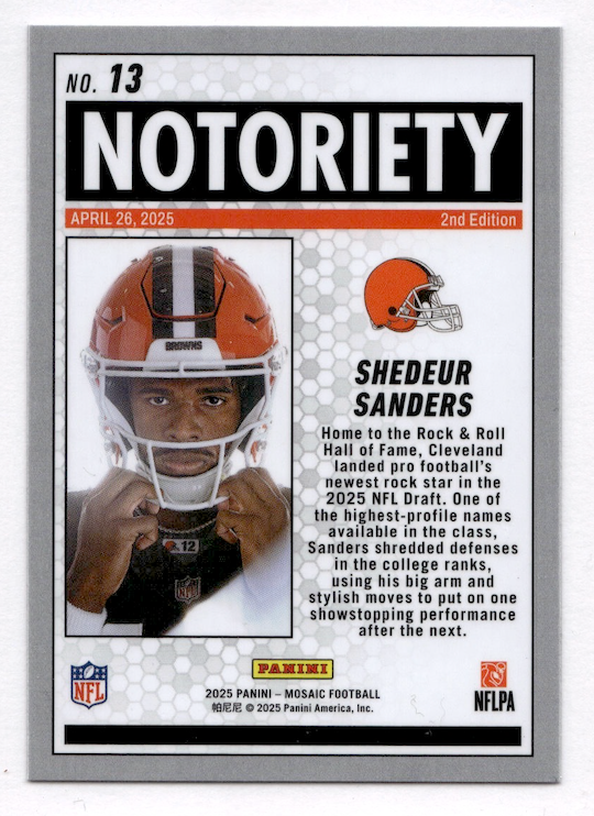 2025 Panini Mosaic Notoriety #13 Shedeur Sanders RC (Cleveland Browns)