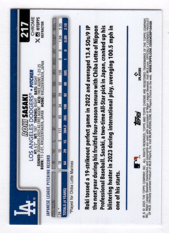 2025 Topps Chrome Refractors #217 Roki Sasaki Rookie (Los Angeles Dodgers)