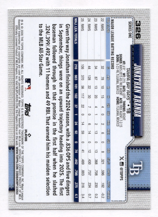 2026 Topps Diamante Foil #326 Jonathan Aranda (Tampa Bay Rays)