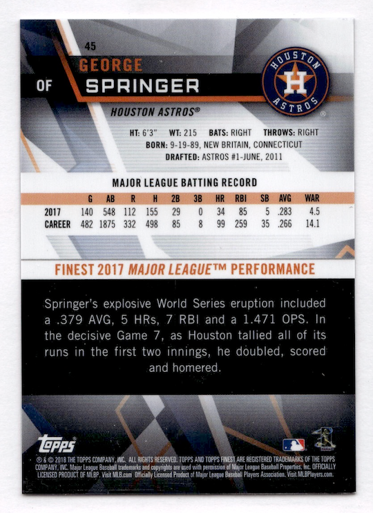2018 Finest Gold Refractors #45 George Springer #'d /50 (Houston Astros)