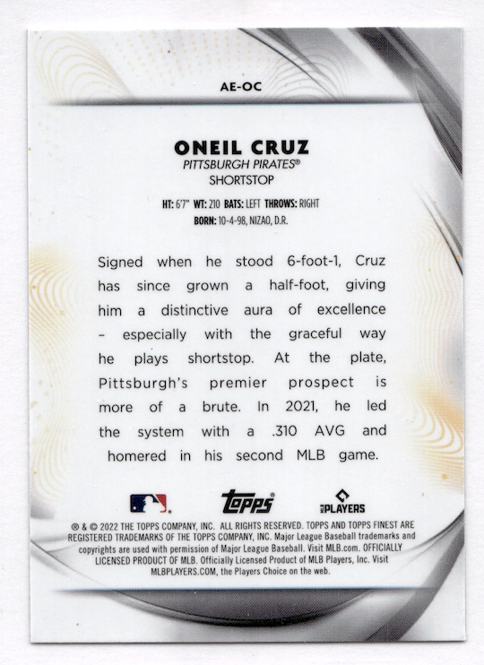 2022 Finest Aura of Excellence #AEOC Oneil Cruz (Pittsburgh Pirates)