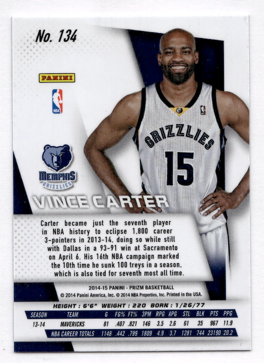 2014-15 Panini Prizm #134 Vince Carter (Memphis Grizzlies)
