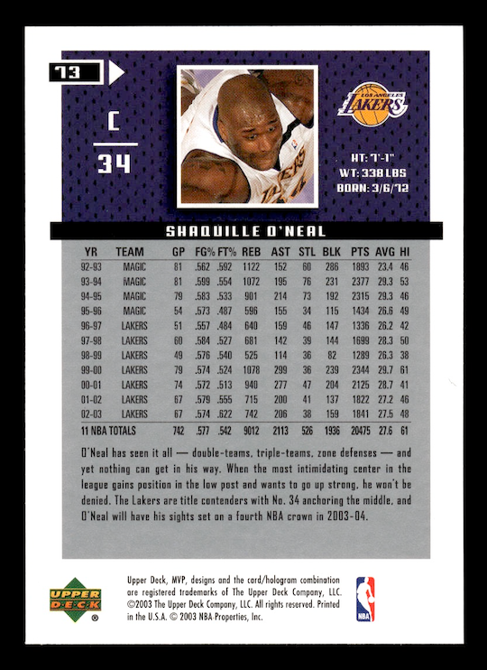 2003-04 Upper Deck MVP #73 Shaquille O'Neal (Los Angeles Lakers)