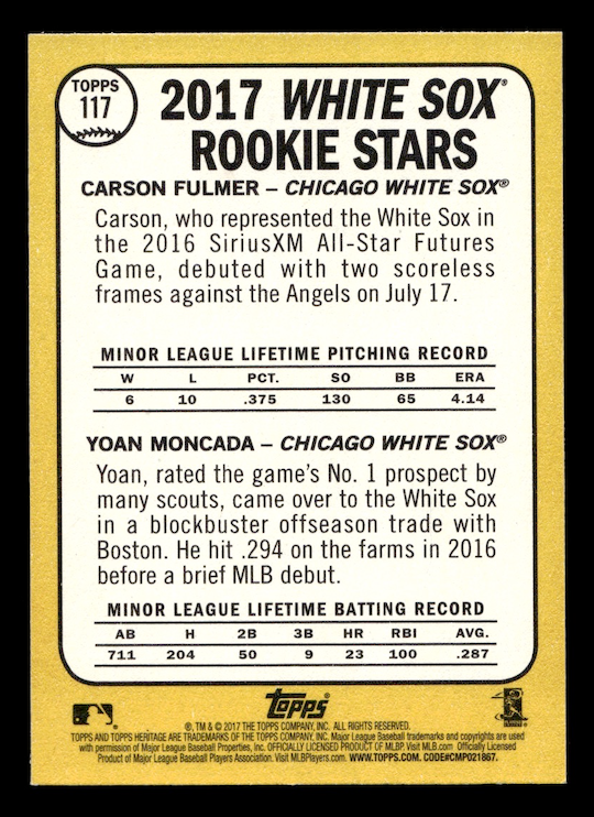 2017 Topps Heritage #117A Carson Fulmer RC/Yoan Moncada RC (White Sox)