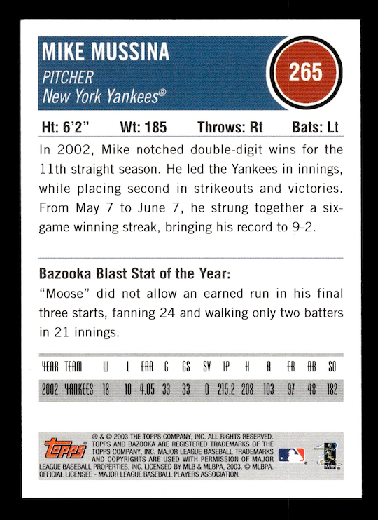 2003 Bazooka #265 Mike Mussina (New York Yankees) NM